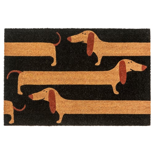 Brown/black doormat with five stylized dachshunds in rows - playful entrance decor.