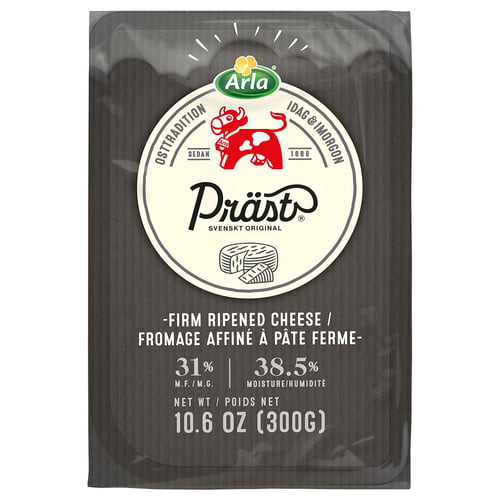 Image shows packaging of ARLA PRÄST cheese. Black pack with white logo. Cheese weighs 10. 6 oz.