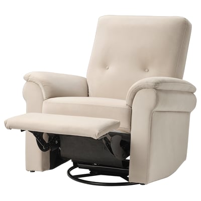 ARNÄSVALL beige recliner chair, upholstered in recycled polyester, with classic design, padded curves, 360° swivel, and footrest.