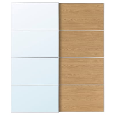 AULI / MEHAMN Pair of sliding doors, aluminum mirror glass/double sided oak effect, 78 3/4x92 7/8 "
