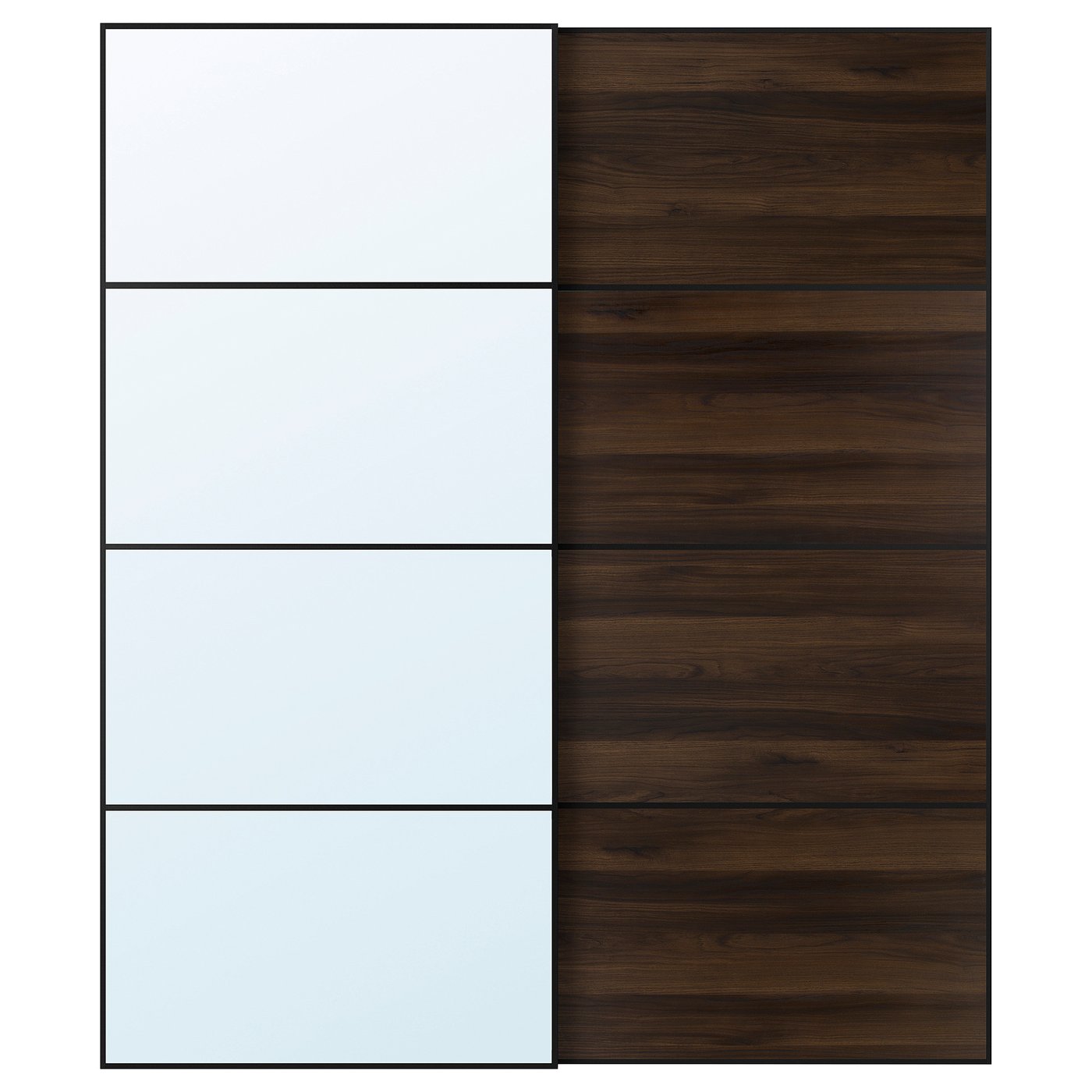 Pair Of Sliding Doors, Black Mirror Glass/Double Sided Dark Brown Oak Effect