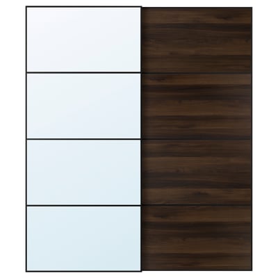 AULI / MEHAMN Pair of sliding doors, black mirror glass/double sided dark brown oak effect, 78 3/4x92 7/8 "