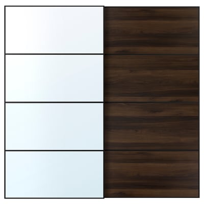 AULI / MEHAMN Pair of sliding doors, black mirror glass/double sided dark brown oak effect, 78 3/4x79 1/8 "