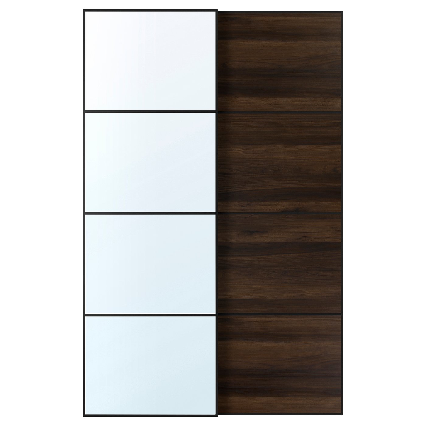 Pair Of Sliding Doors, Black Mirror Glass/Double Sided Dark Brown Oak Effect