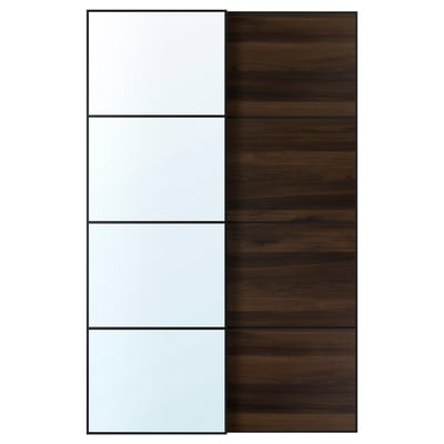 AULI / MEHAMN Pair of sliding doors, black mirror glass/double sided dark brown oak effect, 59x92 7/8 "