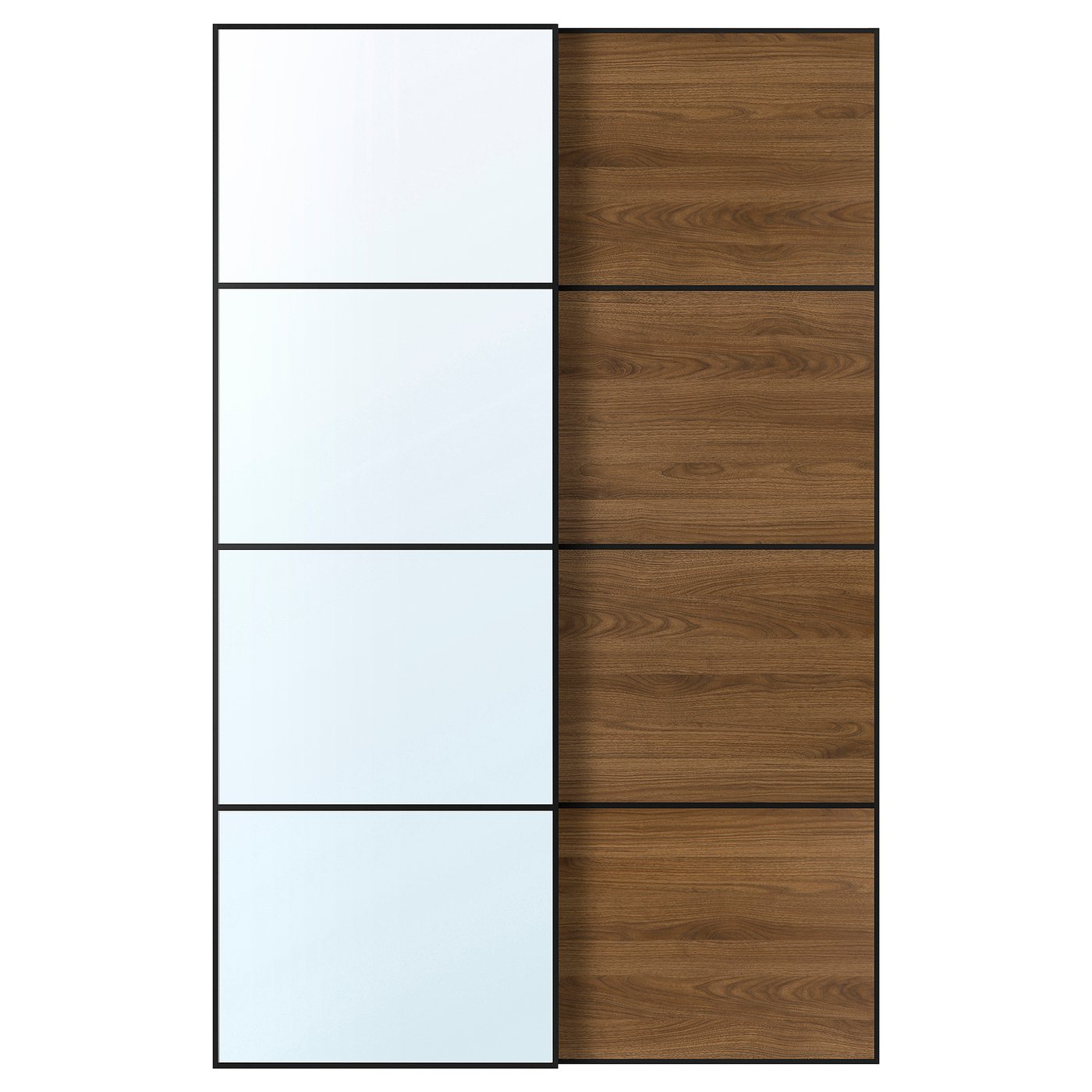 Pair Of Sliding Doors, Black Mirror Glass/Double Sided Walnut