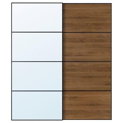 AULI / MEHAMN Pair of sliding doors, black mirror glass/double sided walnut, 78 3/4x92 7/8 "