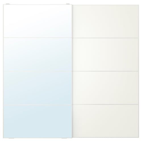 Sliding wardrobe doors: one mirrored, one reversible panels. Modern, white, minimalist design.