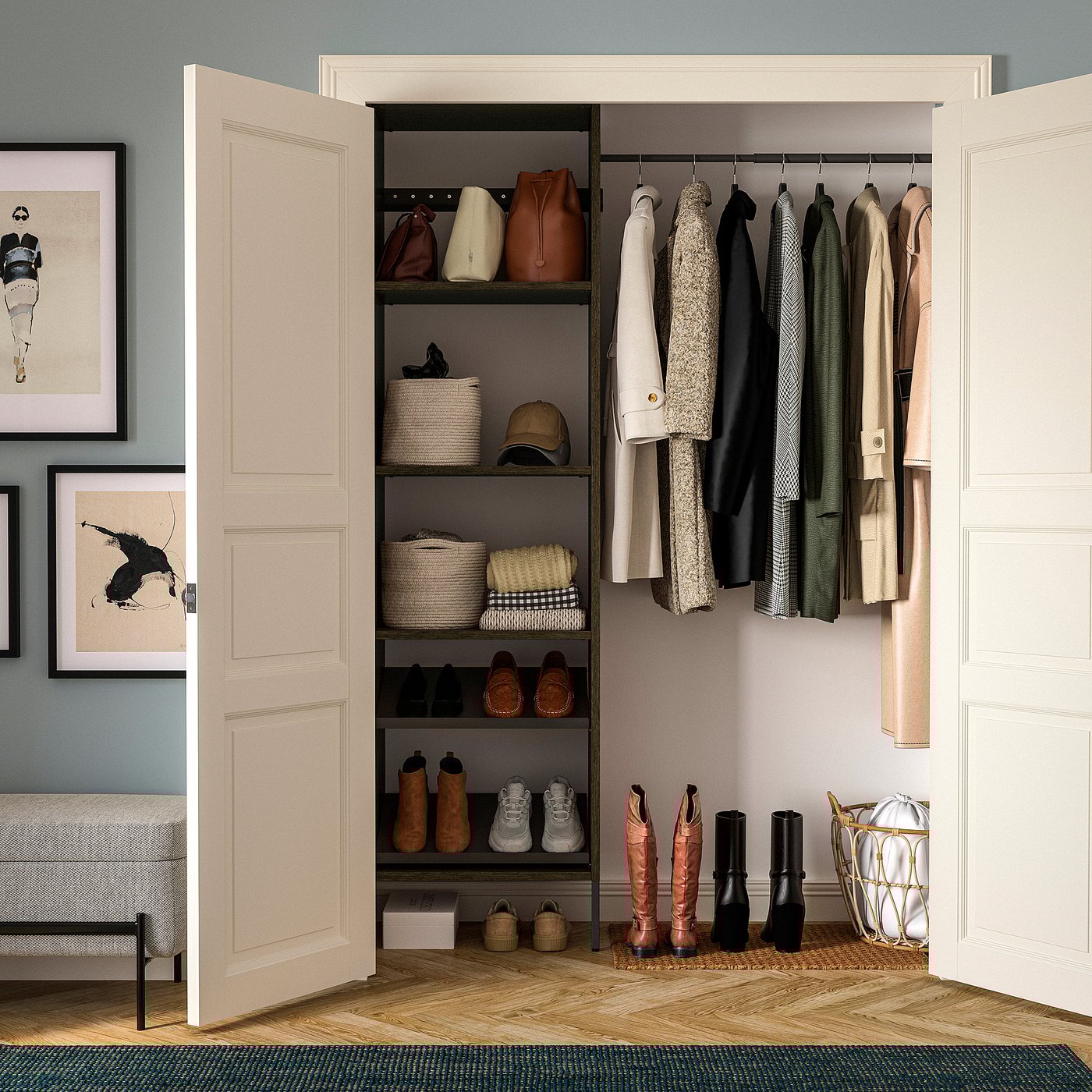 AURDAL wardrobe combination, brown stained oak veneer/dark gray