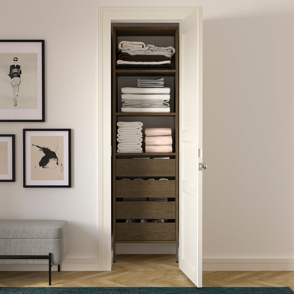 AURDAL Wardrobe combination, brown stained oak veneer/dark gray, 25 5/8x15 3/4x87 "
