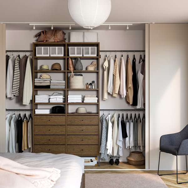 AURDAL Wardrobe combination, brown stained oak veneer/dark gray, 92 1/8-118 1/8x15 3/4x87 "