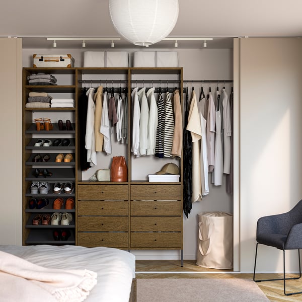 AURDAL Wardrobe combination, brown stained oak veneer/dark gray, 95 1/8-108 1/8x15 3/4x87 "