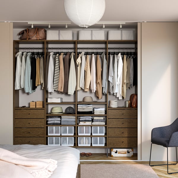 AURDAL Wardrobe combination, brown stained oak veneer/dark gray, 98 3/8x15 3/4x87 "