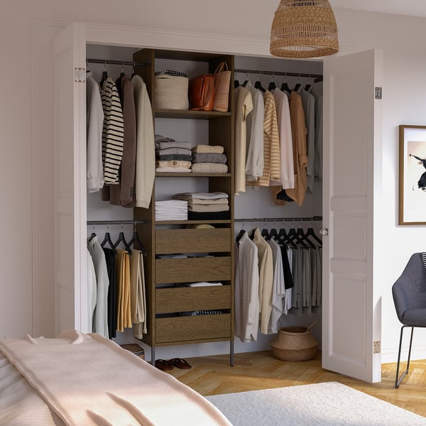 AURDAL Wardrobe combination, brown stained oak veneer/dark gray, 68 1/2-94 1/2x15 3/4x87 "