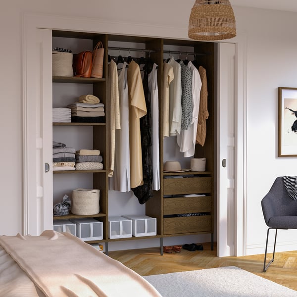 AURDAL Wardrobe combination, brown stained oak veneer/dark gray, 74 3/4x15 3/4x87 "