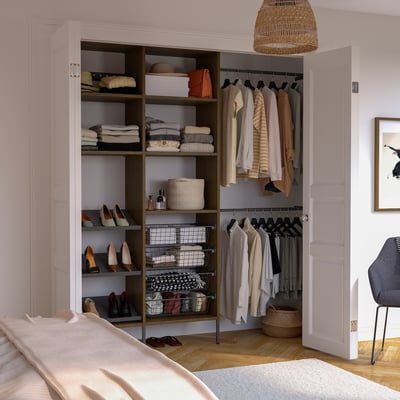 AURDAL Wardrobe combination, brown stained oak veneer/dark gray, 70 5/8-83 5/8x15 3/4x87 "