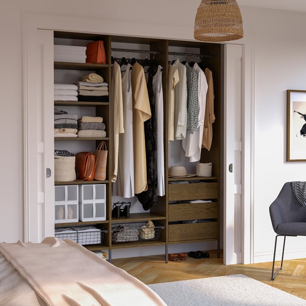 AURDAL Wardrobe combination, brown stained oak veneer/dark gray, 74 3/4x15 3/4x87 "