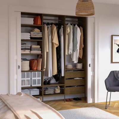 AURDAL Wardrobe combination, brown stained oak veneer/dark gray, 74 3/4x15 3/4x87 "