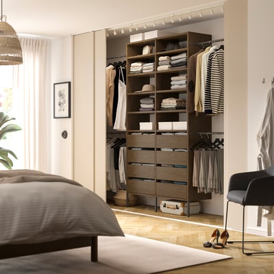 AURDAL Wardrobe combination, brown stained oak veneer/dark gray, 92 1/8-118 1/8x15 3/4x87 "