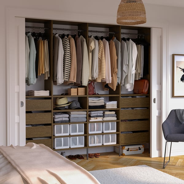 AURDAL Wardrobe combination, brown stained oak veneer/dark gray, 98 3/8x15 3/4x87 "