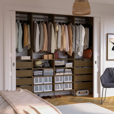AURDAL Wardrobe combination, brown stained oak veneer/dark gray, 98 3/8x15 3/4x87 "