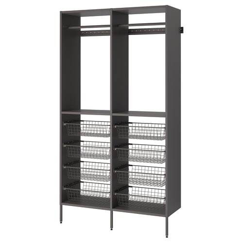 Black AURDAL storage organiser with metal baskets, adjustable shelves, and clothes rail for closets.