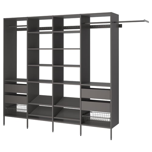 AURDAL grey closet system with adjustable shelves and rails, wire baskets, steel and particleboard construction.