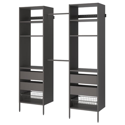 This image shows a pair of grey AURDAL storage units featuring shelves, drawers, and hanging rails for closet organisation.