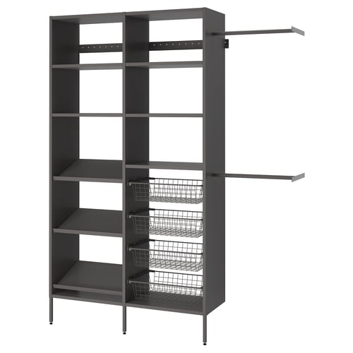 Displays an AURDAL grey metal closet organising system with multiple shelves, wire baskets, and extendable clothes rails.