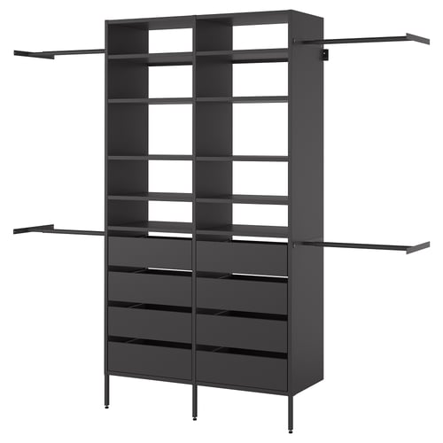Black AURDAL closet organiser with shelves and hanging rails. Modern, modular design for efficient storage.