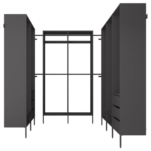 Black AURDAL custom closet system. Left and right panels with legs and shelves, centre hanging rod.