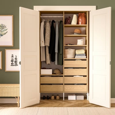 AURDAL Wardrobe combination, oak veneer/white, 49 1/4x15 3/4x87 "