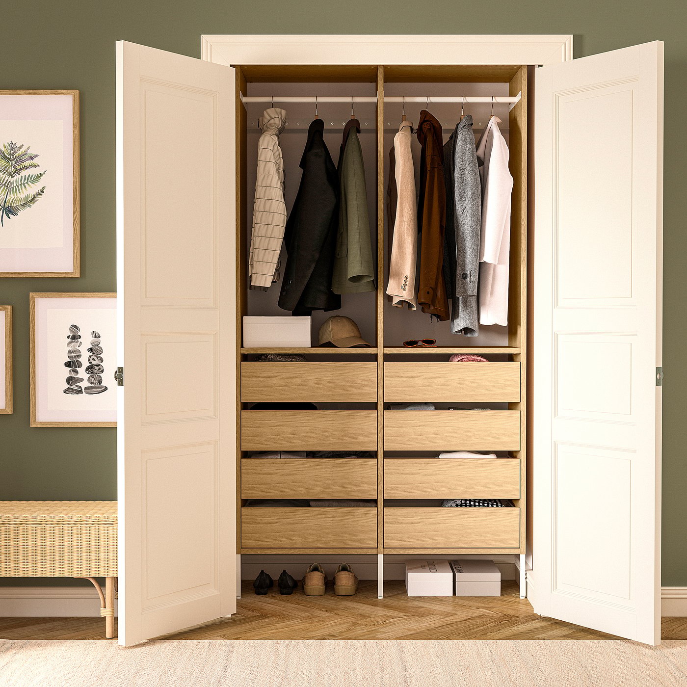 AURDAL wardrobe combination, oak veneer/white, 491/4x153/4x87
