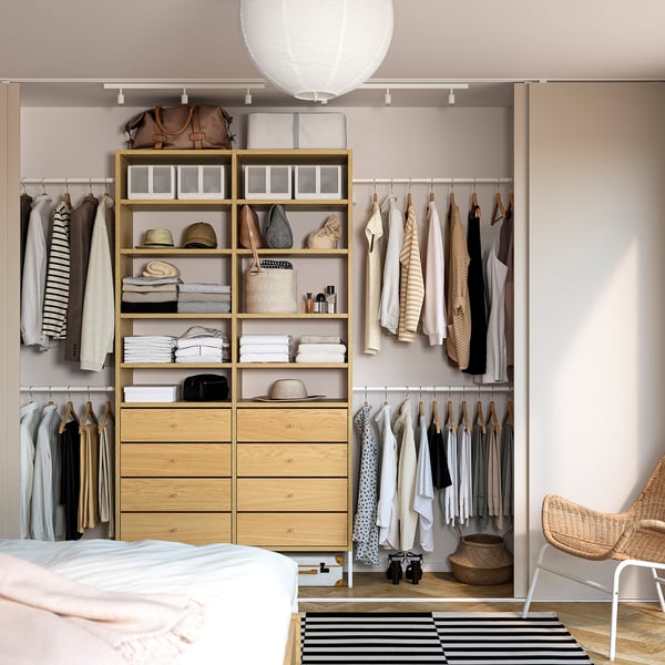 AURDAL Wardrobe combination, oak veneer/white, 92 1/8-118 1/8x15 3/4x87 "