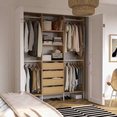 AURDAL Wardrobe combination, oak veneer/white, 74 3/4x15 3/4x87 "