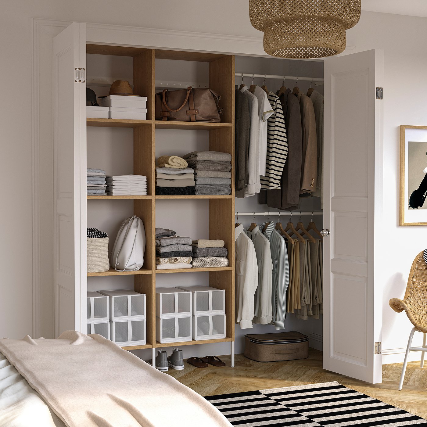 AURDAL wardrobe combination, oak veneer/white, 705/8-835/8x153