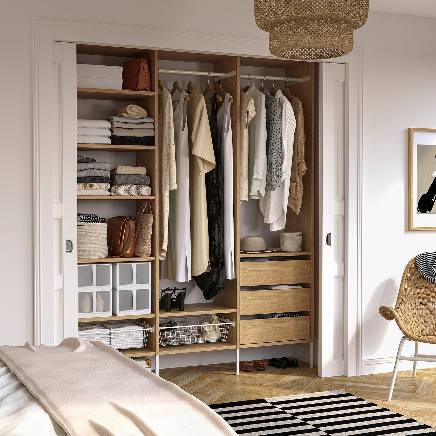 AURDAL wardrobe combination, oak veneer/white, 743/4x153/4x87