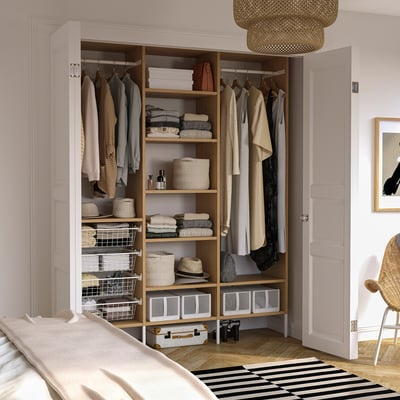 AURDAL Wardrobe combination, oak veneer/white, 74 3/4x15 3/4x87 "