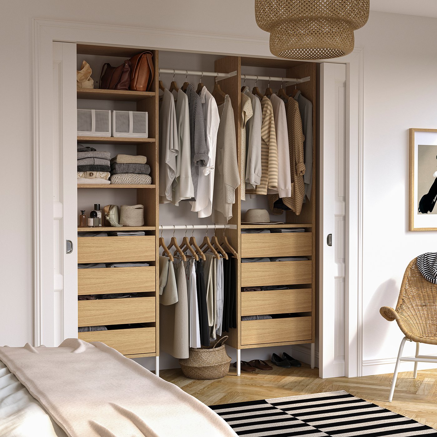 AURDAL wardrobe combination, oak veneer/white, 72-791/8x153/4x87