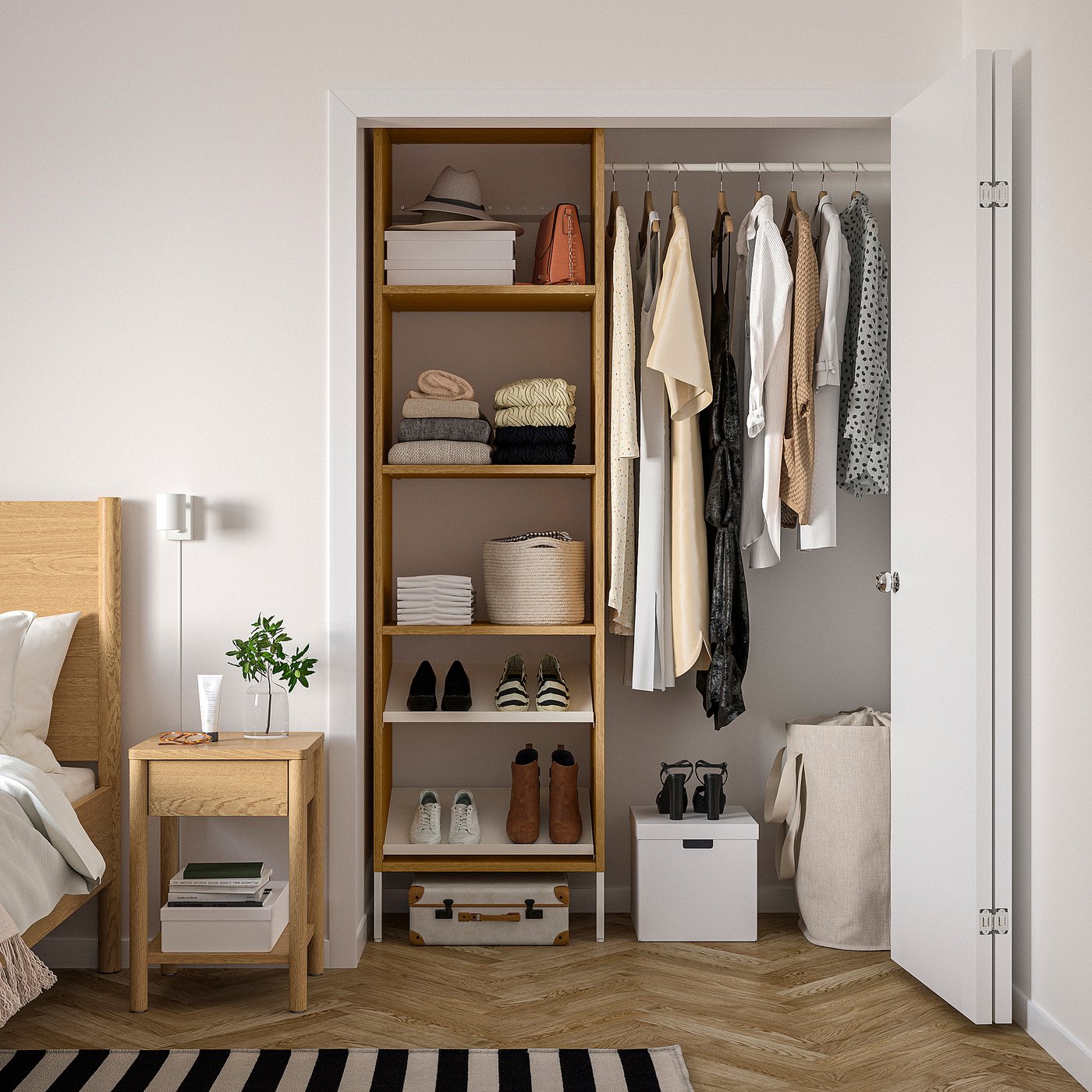 AURDAL wardrobe combination, oak veneer/white, 47-60x153/4x87