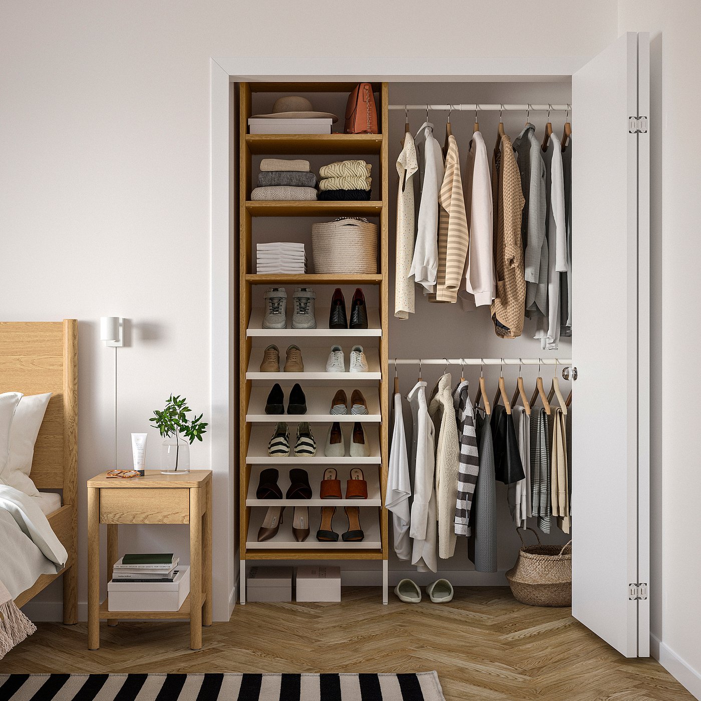 AURDAL wardrobe combination, oak veneer/white, 471/4-601/4x153