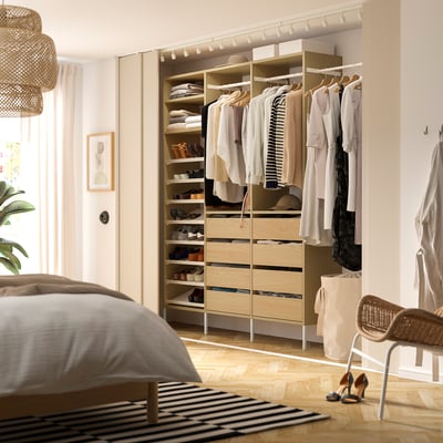AURDAL Wardrobe combination, oak veneer/white, 95 1/8-108 1/8x15 3/4x87 "