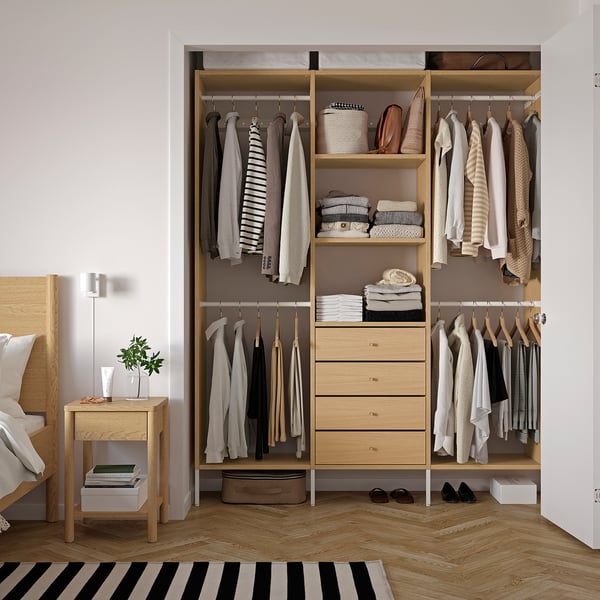AURDAL Wardrobe combination, oak veneer/white, 74 3/4x15 3/4x87 "
