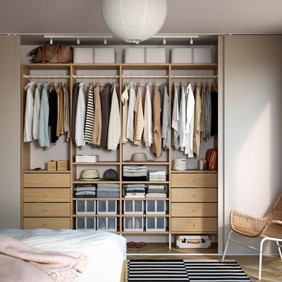 AURDAL Wardrobe combination, oak veneer/white, 98 3/8x15 3/4x87 "
