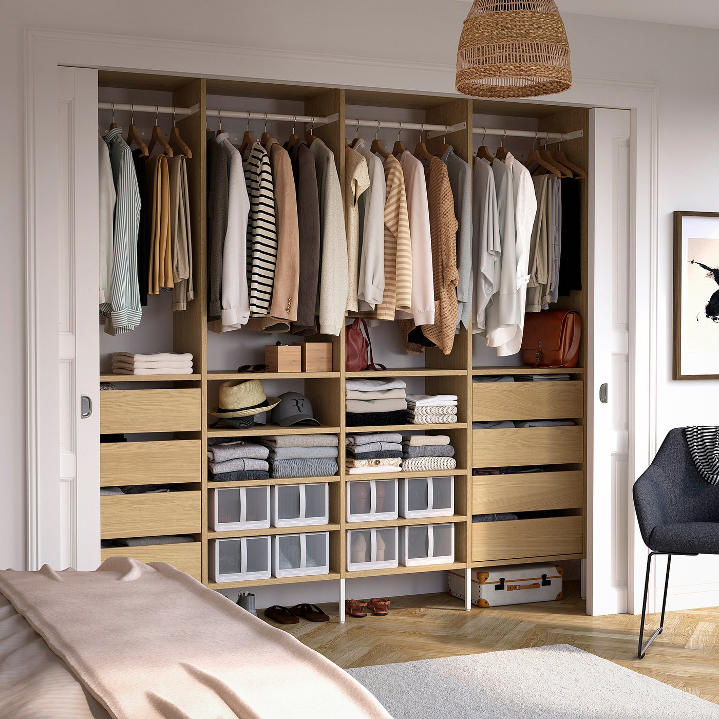 AURDAL wardrobe combination, oak veneer/white, 983/8x153/4x87