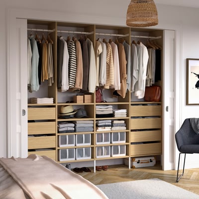 AURDAL Wardrobe combination, oak veneer/white, 98 3/8x15 3/4x87 "