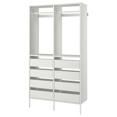 A white AURDAL storage system with adjustable shelves for clothes and shoes. It a sleek, modern design with a steel frame and particleboard shelves.