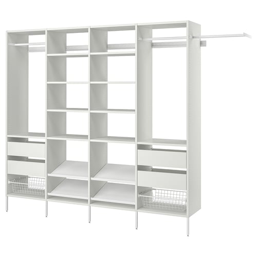 White AURDAL storage system with adjustable shelves and hanging rails, ideal for organising small spaces.