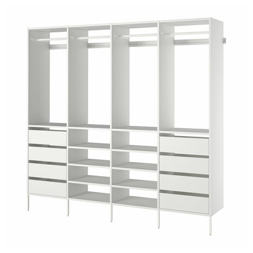 White AURDAL storage unit: modern, customizable design with multiple shelves and hanging spaces, ideal for organising clothes and shoes.