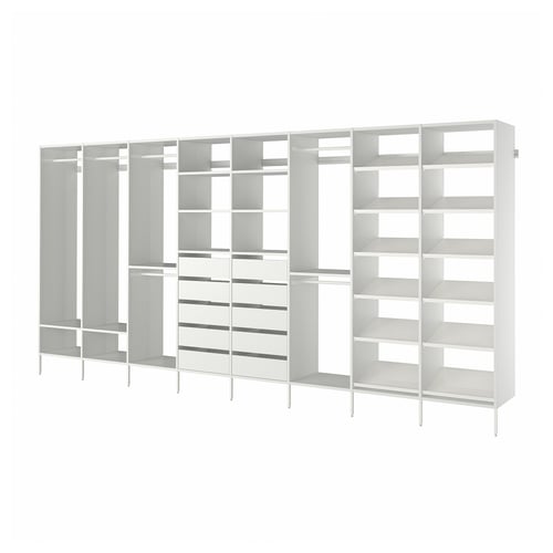 Modern white AURDAL storage system with adjustable shelves and hanging sections for closet organisation.